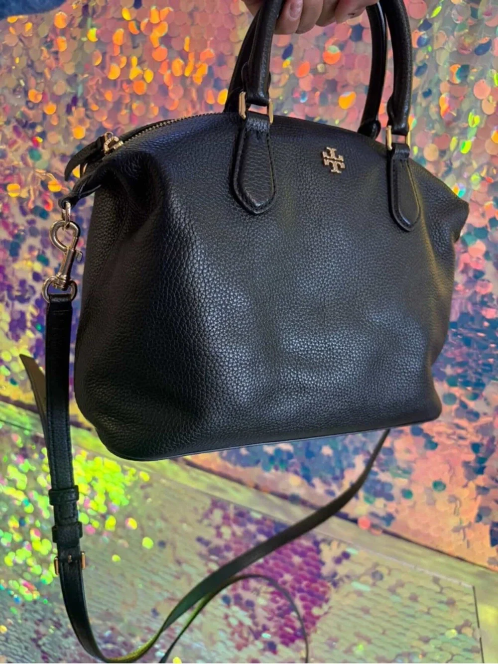 Tory Burch Black Leather Satchel with Gold Hardware